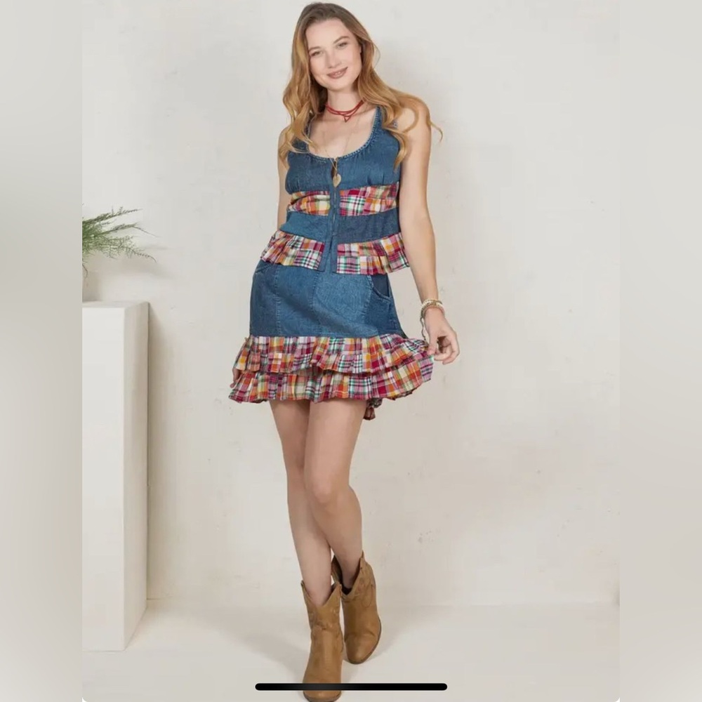 NWT Young Threads Denim Plaid Top Size Small